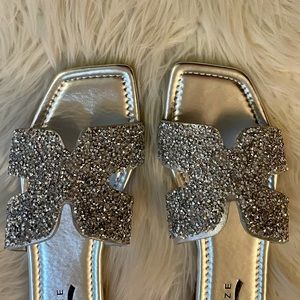 Trendy Square Toe Silver Sparkle Sandals